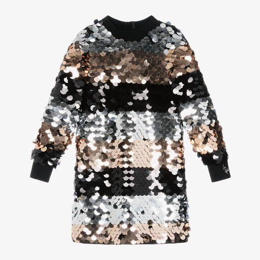 Sonia Rykiel Paris-Girls Silver & Black Striped Sequin Dress | Childrensalon