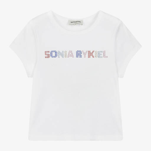Sonia Rykiel Paris-تيشيرت قطن عضوي لون أبيض مزين بديامنتي للبنات | Childrensalon