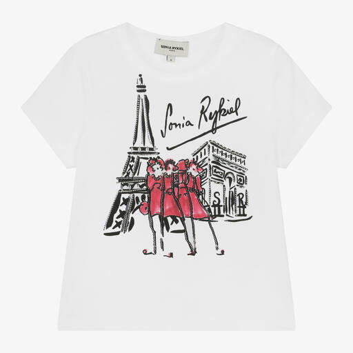 Sonia Rykiel Paris-Girls White Cotton Eifel Tower T-Shirt | Childrensalon