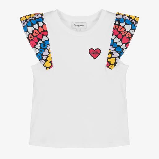 Sonia Rykiel Paris-Girls White Cotton Heart T-Shirt | Childrensalon
