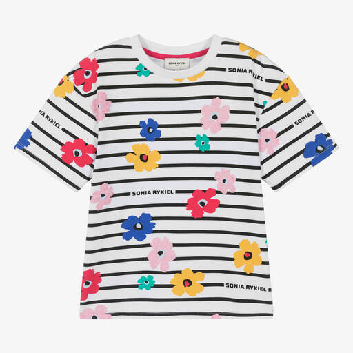 Sonia Rykiel Paris-Teen Girls White Striped & Floral T-Shirt | Childrensalon