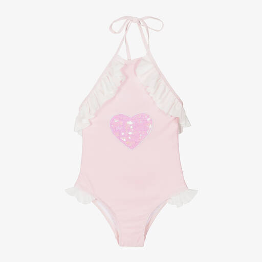 Stella Cove-Girls Pale Pink Ruffle Halterneck Swimsuit | Childrensalon