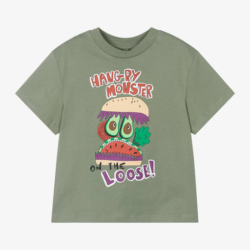 Stella McCartney Kids-Boys Green Cotton Burger Monster T-Shirt | Childrensalon