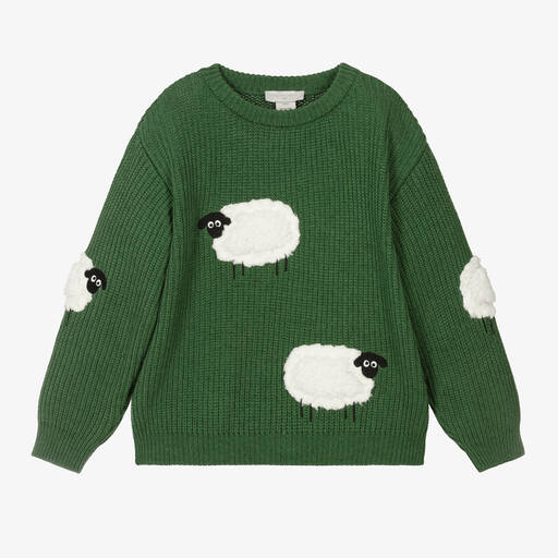 Stella McCartney Kids-Boys Green Cotton Knit Ribbed Sweater | Childrensalon