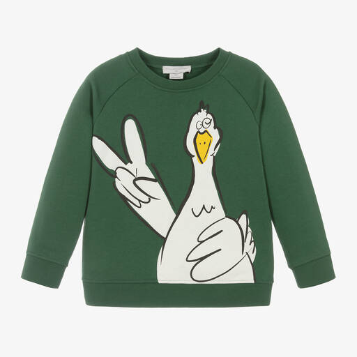 Stella McCartney Kids-Boys Green Goose Print Cotton Sweatshirt | Childrensalon