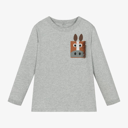 Stella McCartney Kids-Boys Grey Horse Pocket Cotton Top | Childrensalon