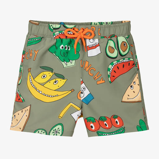 Stella McCartney Kids-Boys Khaki Green Printed Swim Shorts | Childrensalon