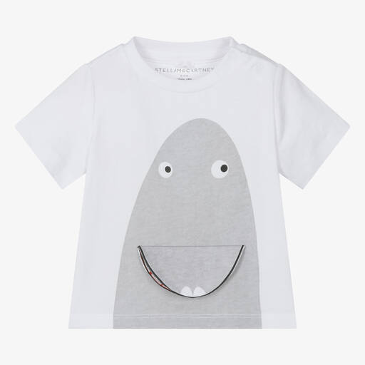 Stella McCartney Kids-Boys White Organic Cotton Shark T-Shirt | Childrensalon