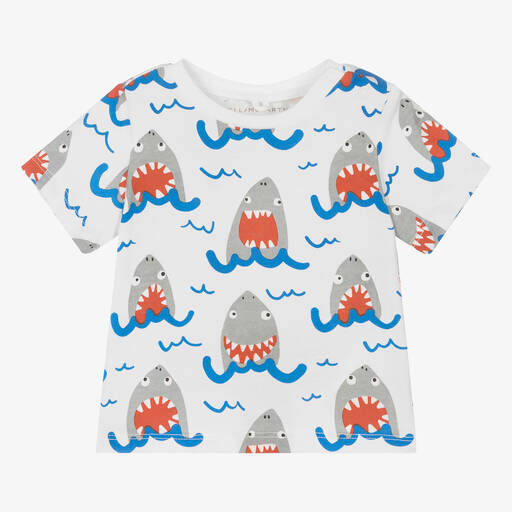 Stella McCartney Kids-Белая футболка из органического хлопка с акулами для мальчиков | Childrensalon