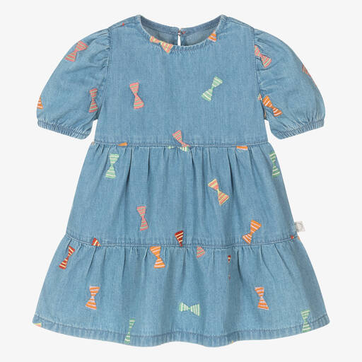 Stella McCartney Kids-Голубое платье из хлопкового шамбре с бантиками для девочек | Childrensalon