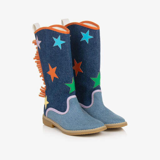 Stella McCartney Kids-Girls Blue Denim Star Cowboy Boots | Childrensalon
