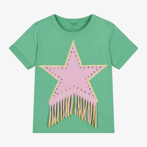Stella McCartney Kids-Зеленая хлопковая футболка со звездой для девочек | Childrensalon