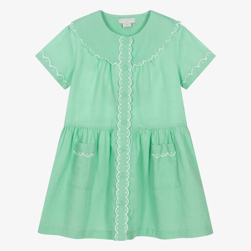 Stella McCartney Kids-Girls Green Linen & Cotton Dress | Childrensalon