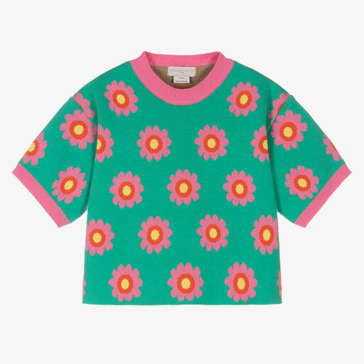 Stella McCartney Kids-Girls Green & Pink Flowers Knitted Top | Childrensalon