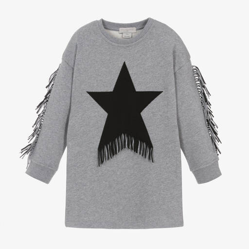 Stella McCartney Kids-Girls Grey Star Fringe Sweatshirt Dress | Childrensalon