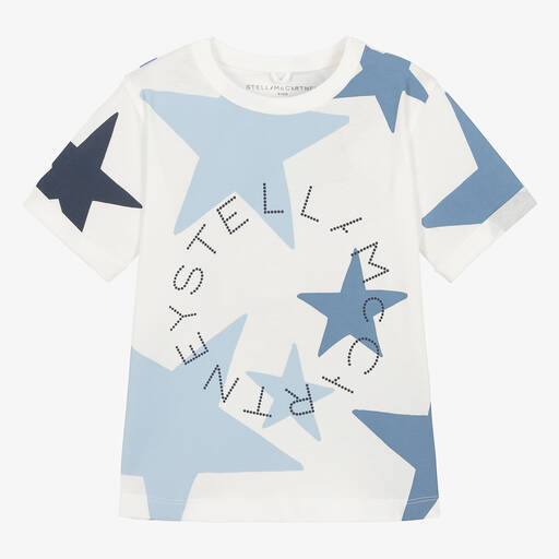 Stella McCartney Kids-Girls Ivory & Blue Star Cotton T-Shirt | Childrensalon