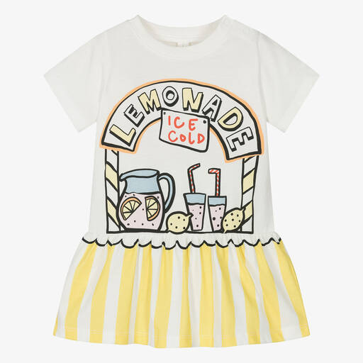 Stella McCartney Kids-فستان أطفال بناتي قطن عضوي مقلم لون أصفر وعاجي | Childrensalon