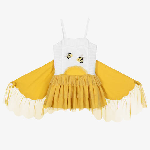 Stella McCartney Kids-Girls Ivory & Yellow Shirred Bee Dress | Childrensalon
