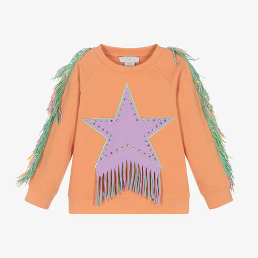 Stella McCartney Kids-Girls Orange Cotton Fringed Sweatshirt | Childrensalon