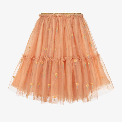 Stella McCartney Kids-Girls Orange Embroidered Tulle Skirt | Childrensalon