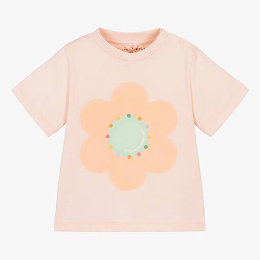 Stella McCartney Kids-Розовая хлопковая футболка с цветком для девочек | Childrensalon