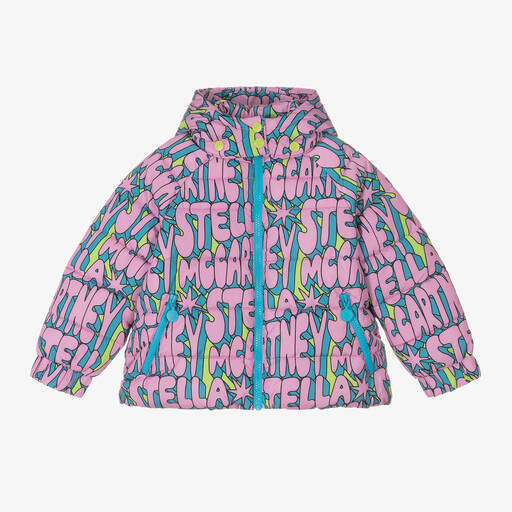 Stella McCartney Kids-Girls Pink Cosmic Hooded Puffer Jacket | Childrensalon