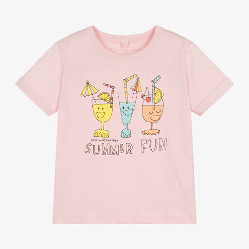 Stella McCartney Kids-Girls Pink Cotton Cocktail Print T-Shirt | Childrensalon