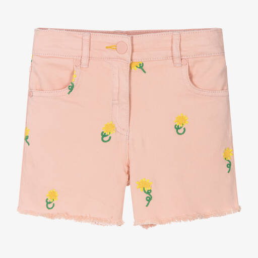 Stella McCartney Kids-Girls Pink Embroidered Denim Shorts | Childrensalon