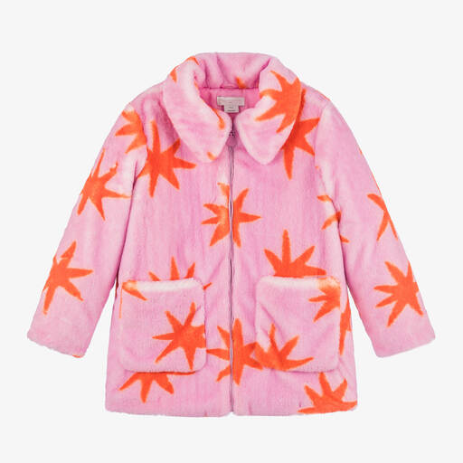 Stella McCartney Kids-Girls Pink Faux Fur Cosmic Stars Coat | Childrensalon