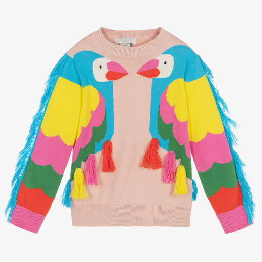 Stella McCartney Kids-Girls Pink Knitted Parrot Sweater | Childrensalon