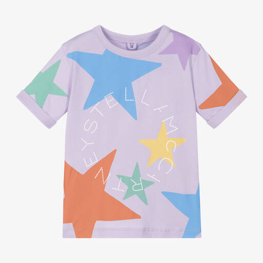 Stella McCartney Kids-Фиолетовая хлопковая футболка со звездами для девочек | Childrensalon