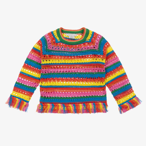 Stella McCartney Kids-Girls Rainbow Stripe Crochet Sweater | Childrensalon