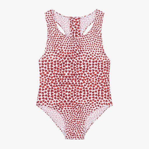 Stella McCartney Kids-Girls Red Heart Print Swimsuit (UPF50+) | Childrensalon
