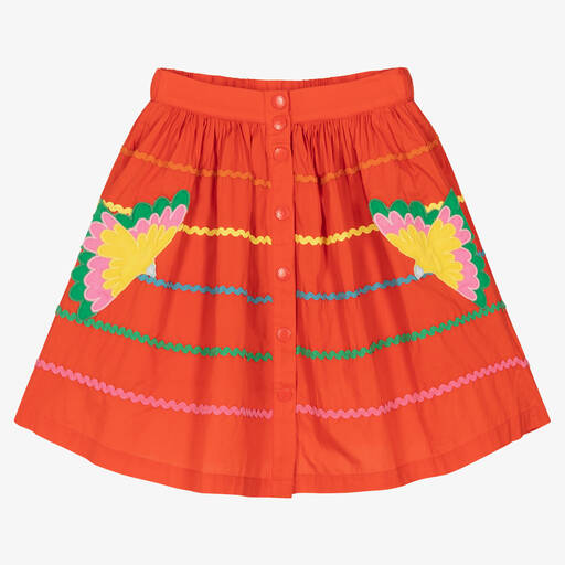 Stella McCartney Kids-Girls Red Organic Cotton Parrot Skirt | Childrensalon