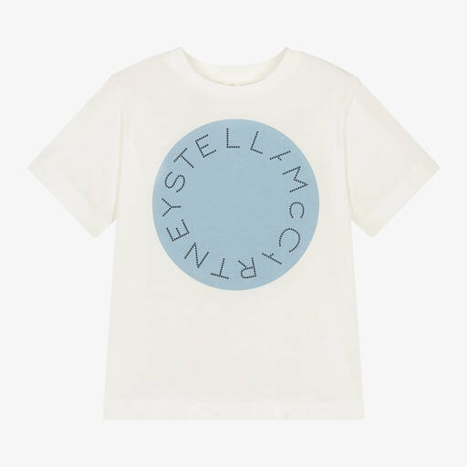 Stella McCartney Kids-T-shirt blanc et bleu en coton à motif | Childrensalon