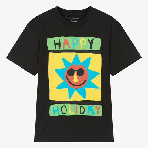 Stella McCartney Kids-Черная хлопковая футболка с солнцем для мальчиков-подростков | Childrensalon