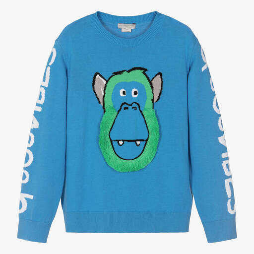 Stella McCartney Kids-Teen Boys Blue Monkey Knitted Sweater | Childrensalon