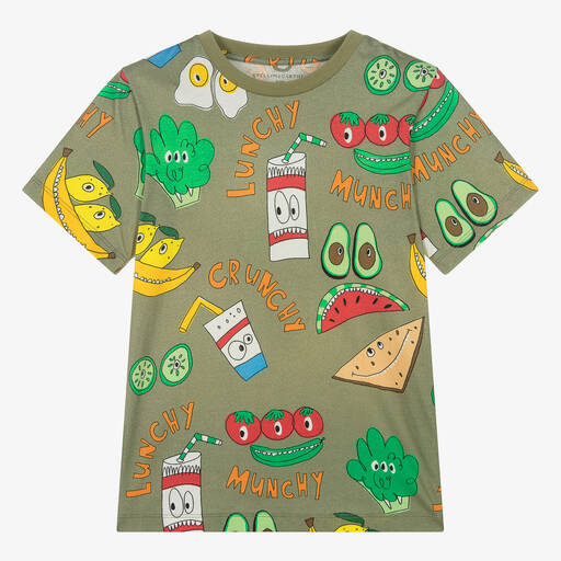 Stella McCartney Kids-Зеленая футболка из органического хлопка с фруктами для мальчиков-подростков | Childrensalon