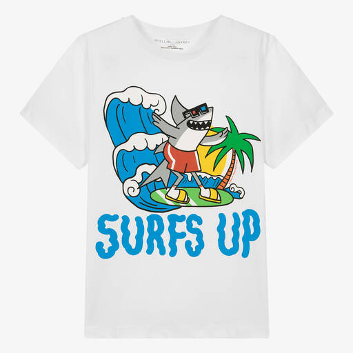 Stella McCartney Kids-Teen Boys White Organic Cotton Shark T-Shirt | Childrensalon