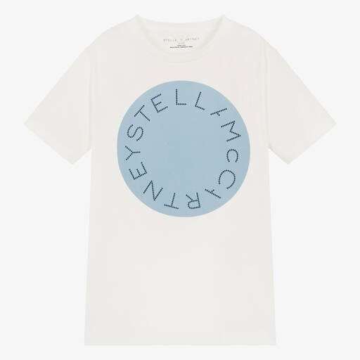 Stella McCartney Kids-Кремово-голубая футболка из хлопка для подростков | Childrensalon