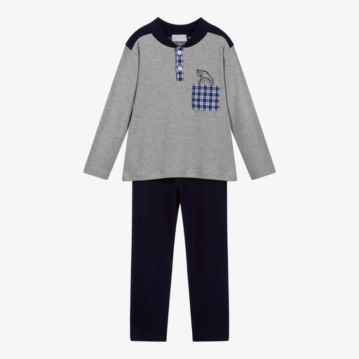 Story Loris-Boys Grey & Blue Cotton Jersey Pyjamas | Childrensalon