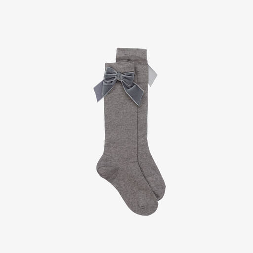 Story Loris-Girls Grey Cotton & Velvet Bow Socks | Childrensalon