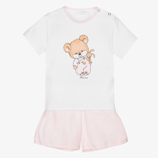 Story Loris-Pyjama short rose et blanc en coton fille | Childrensalon