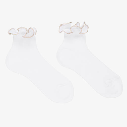 Story Loris-Girls White & Ivory Ruffle Socks | Childrensalon