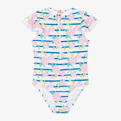 Sunuva-Girls White Stripe & Floral Zip-Up Swimsuit | Childrensalon