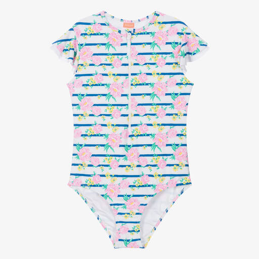 Sunuva-Teen Girls White Stripe & Floral Zip-Up Swimsuit | Childrensalon