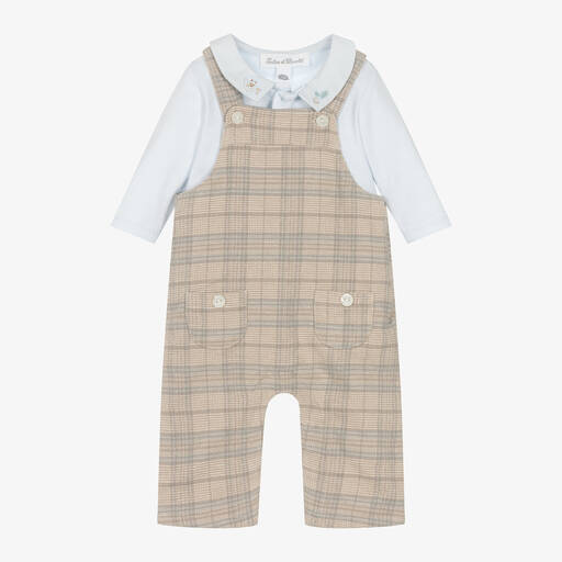 Tartine et Chocolat-Baby Boys Beige & Blue Cotton Dungaree Set | Childrensalon