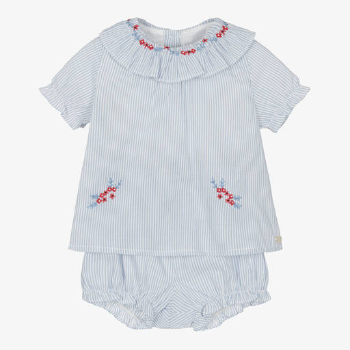 Tartine et Chocolat-Baby Girls Blue Striped Shorts Set | Childrensalon