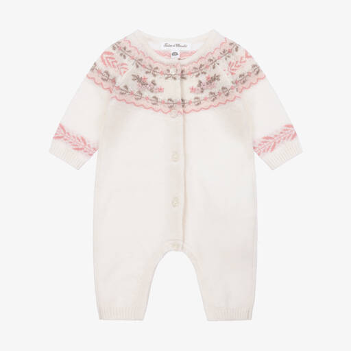 Tartine et Chocolat-Baby Girls Ivory Floral Wool & Cashmere Romper | Childrensalon
