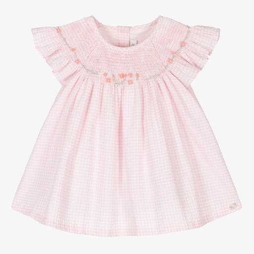 Tartine et Chocolat-Baby Girls Pink Cotton Gingham Dress | Childrensalon